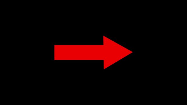 Minimalist Red arrow moving forward animation on black background, right pointing directional arrow indicator, next step symbol, progress and forward motion graphic transition concept.