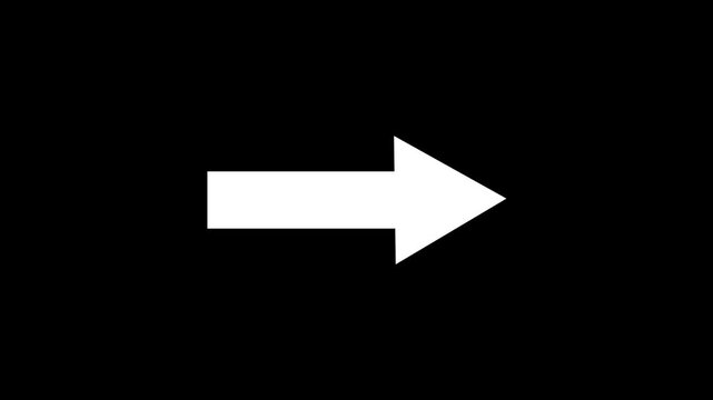 Minimalist white arrow moving forward animation on black background, right pointing directional arrow indicator, next step symbol, progress and forward motion graphic transition concept.