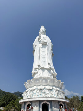 Vietnam, Da Nang &ndash; February 23, 2026: The snow-white statue of Lady Buddha stands on a lotus pedestal at Linh Ung Pagoda on the Son Tra Peninsula. Concept for use in the tourism industry.