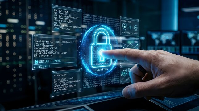 Close up of hand touching glowing blue padlock icon cybersecurity concept with server rack background digital data protection secure access technology dark futuristic environment