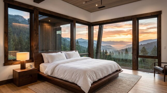Luxury Modern Bedroom with Panoramic Mountain Sunset View