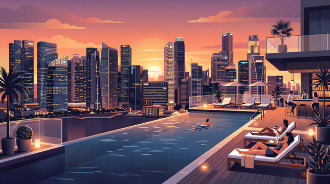 Two people relax by rooftop pool as sun sets over city skyline. Modern architecture surrounds the area with a calm atmosphere. Concept of luxury living, hospitality, travel