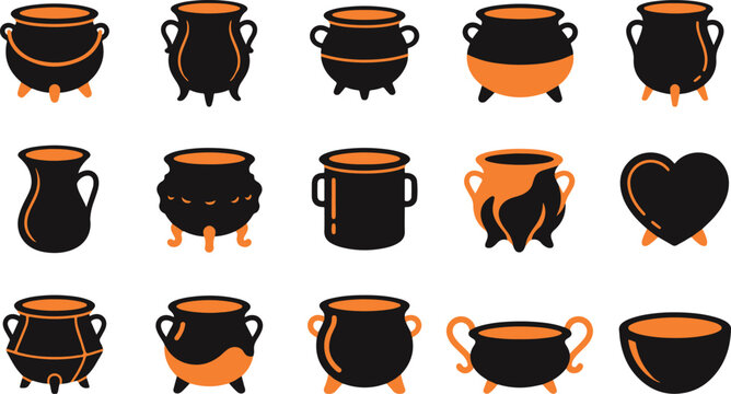 Set of various black and orange witch cauldrons and magical pots for halloween design elements on white background