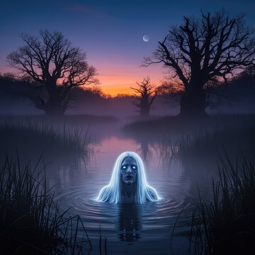 Eerie supernatural creature with flowing hair emerging from a misty lake at dusk, surrounded by dense reeds and ancient woodland trees, herbs, supernatural, meadowsweet