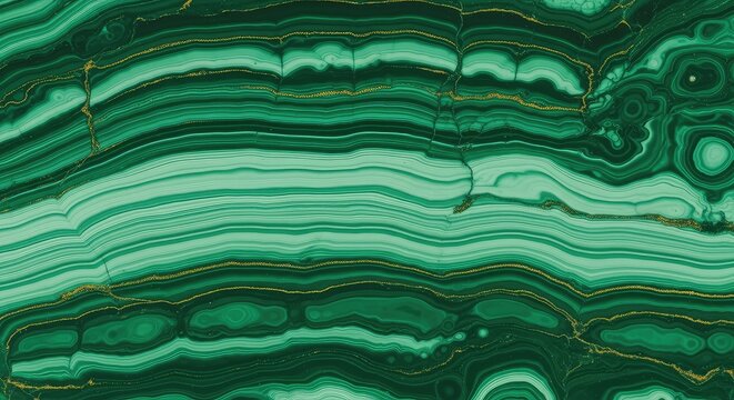 Elegant artistic malachite texture background showcasing organic green bands and rich golden accents in a fluid liquid marble stone pattern, ripple, shine, emerald