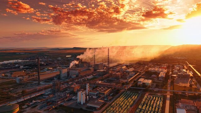 Industrial refinery during a vibrant sunset. Heavy smoke rises from multiple chimneys across a massive industrial complex under a bright orange sky.
