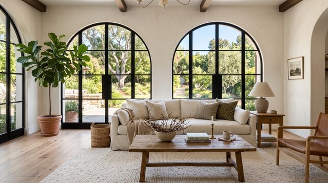 Modern Mediterranean Living Room with Arched Windows and Natural Decor