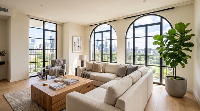 Modern Luxury Living Room with Arched Windows and City Skyline View