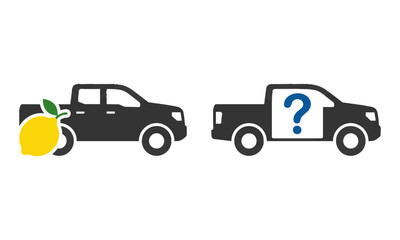 Fototapeta premium Minimalist pickup truck icons with lemon and question mark symbols on a white background, simple graphic design concept