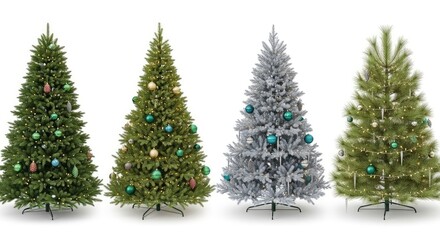 Fototapeta premium Four different evergreen Christmas trees stand elegantly on a white backdrop, adorned with festive ornaments, shiny baubles, and glowing lights, silver, winter, element