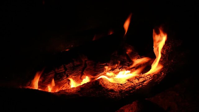 tall tongues of flame burst out from under red hot log against background of night blackness