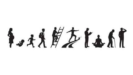 Obraz premium Life Stages Depicted in Silhouette From Pregnancy to Old Age Featuring Baby, Child, Running with School and Student Elements