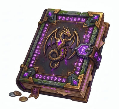 Ancient magic spellbook with golden dragon emblem, glowing purple runes, and metal lock isolated on white background