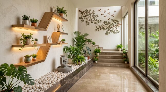 Modern Indoor Home Entrance with Floating Shelves and Decorative Houseplants