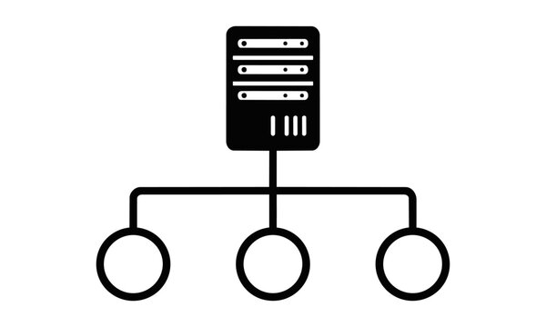 Database server tower icon with a hierarchical tree diagram and circular nodes on a white background, modern technology concept