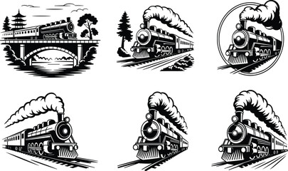 Vintage steam locomotive train black silhouette emblem set with bridge landscape, smoke clouds, and tracks © UK