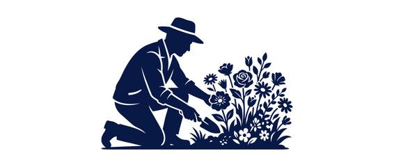 Gardener Tending Flowers in Garden Silhouette