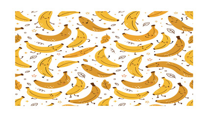 Obraz premium Seamless yellow banana pattern vector featuring cute hand drawn fruit characters with funny faces doodles and autumn leaves