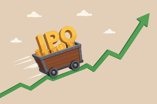 New stock IPO, initial public offering company going public to trade in stock exchange market concept, cart with money coins with the alphabet IPO riding green rising up trading price graph