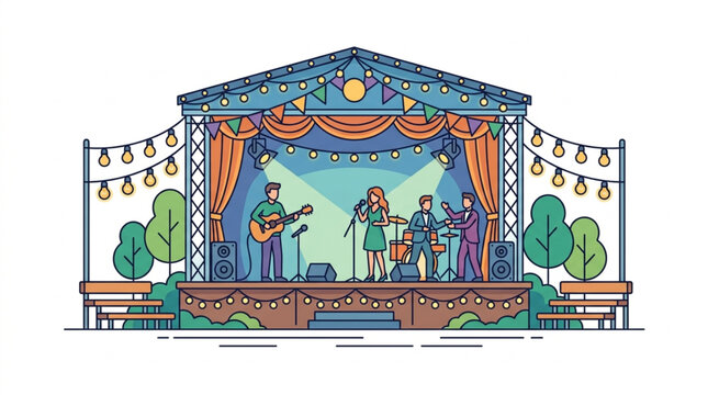 Colorful band performing on a festive outdoor stage.