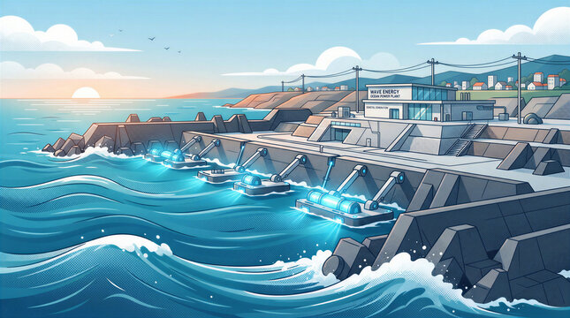 Wave energy devices convert ocean waves into electricity near shoreline at sunset. Bright blue waves crash against rocks. Concept of renewable energy, coastal development, marine technology