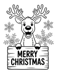 Naklejka premium Christmas Reindeer Greeting: A festive cartoon reindeer with a wide smile and majestic antlers holds a Merry Christmas sign, surrounded by snowflakes, bringing holiday cheer and warmth.