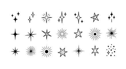 Minimalist sparkle star icons, black hand drawn twinkling star shapes, set of 21 decorative celestial vector elements for magic and festive designs © ZINIYAISLAM