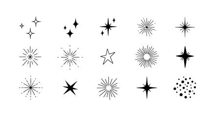 Sparkling star icons set, black celestial twinkle vector elements, 15 minimalist glitter and shine symbols for magic and festive design © ZINIYAISLAM