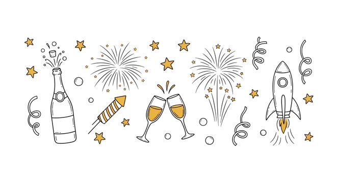 New Year celebration doodle banner with champagne bottle, fireworks, and party elements. Festive holiday line art vector with gold stars and confetti.