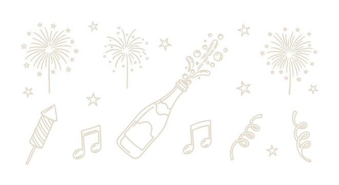 Minimalist party celebration icons, champagne bottle popping with fireworks and music notes, elegant gold line art vector set for New Year events