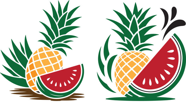 Tropical fruit vector logo set with pineapple and watermelon slice icons for juice bar branding