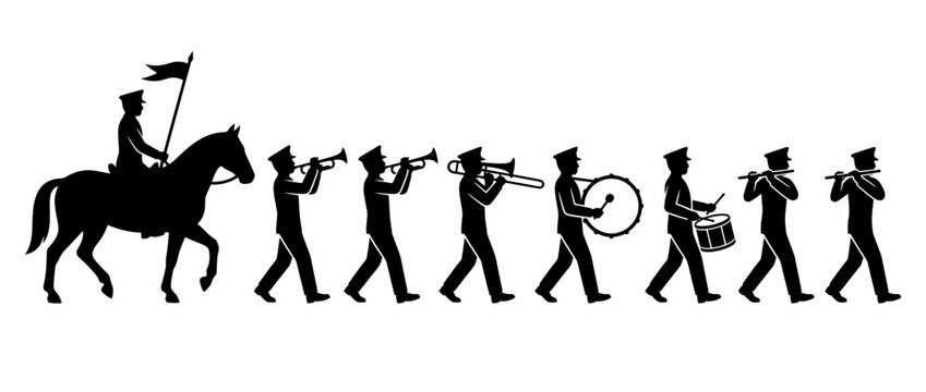Marching band silhouette with horse rider and flag