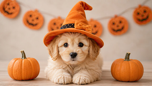A cute golden retriever puppy wearing a witch hat sitting between two small pumpkins with a halloween pumpkin garland background