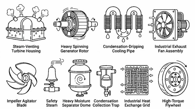 A collection of detailed technical illustrations depicting various industrial machinery components and mechanical parts.