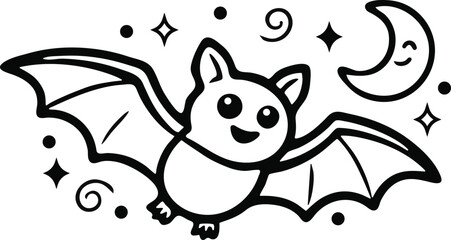 Fototapeta premium Cute flying bat with a smiling crescent moon and stars