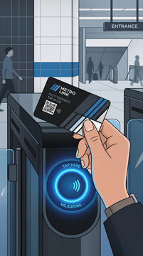 Hand is holding a transit card over ticket validator at busy train station. Other commuters are moving in the background. Concept of public transport, city travel, commuting