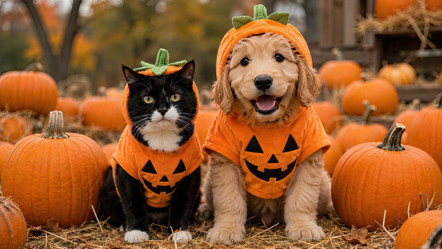 A cute puppy and a black cat wearing matching halloween pumpkin costumes sitting together in a festive autumn pumpkin patch