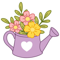 Watering can with colorful spring flowers, hand drawn vector illustration for spring, gardening, Mother's Day, Easter, floral design and seasonal greeting cards © Halyna