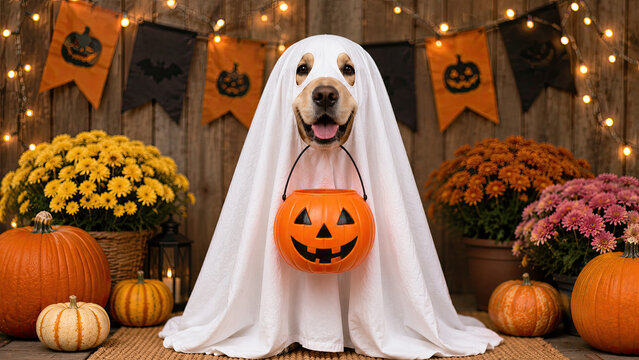 A cute golden retriever dog dressed as a ghost holding a plastic halloween pumpkin bucket for trick or treat