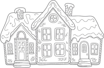 塗り絵のページ用に、雪に覆われた居心地の良い冬のコテージの魅力的な手書きイラスト © simplevector