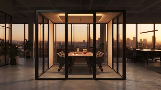 Glowing Glass Meeting Pod with Empty Modern Interior and Contemporary Table Setup
