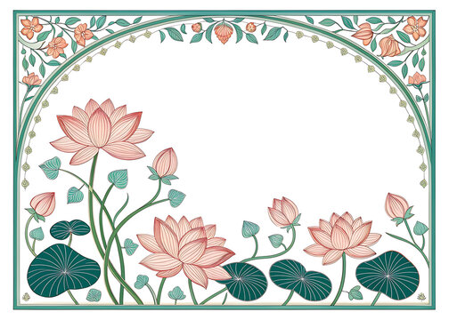 Contemporary Indian floral border with lotus flowers and leaves, minimal vector illustration, empty center, white background.