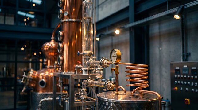 Large shiny copper distillation stills inside a modern industrial craft distillery used for producing high quality alcoholic spirits like whiskey gin or vodka