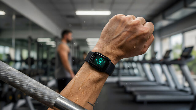 A sweaty arm of an athlete wearing a smartwatch displaying a heart rate of 142 beats per minute in a gym with blurred exercise equipment