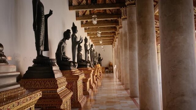 Row Of Buddha Statues On Ornate Pedestals In Temple Corridor With Pillars