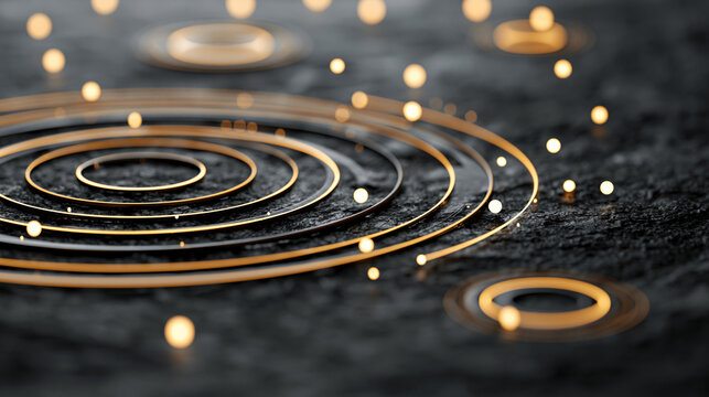 Decentralized Data Network and Cloud Orchestration Abstract 3D Render with Glowing Golden Concentric Circles