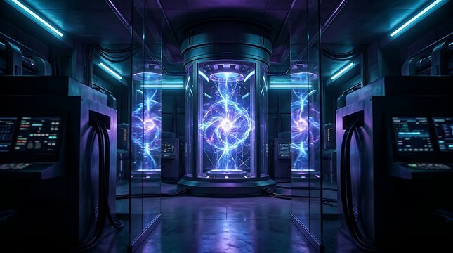 A futuristic laboratory interior featuring glowing blue energy portals and advanced technology equipment in a dark cinematic sci fi research facility setting