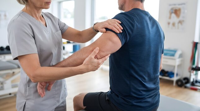 Physical Therapist Gently Rotating Seated Patient's Arm for Frozen Shoulder Rehabilitation Treatment