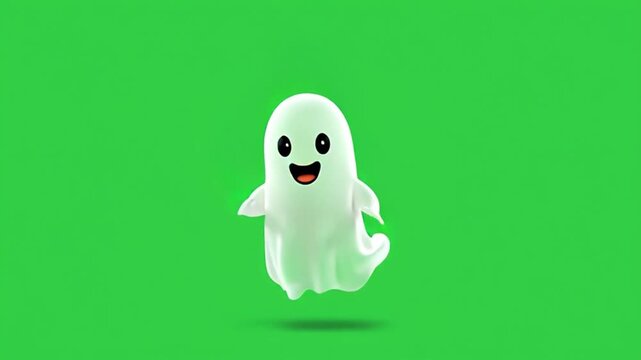 Cute cartoon ghost waving hello on a green background