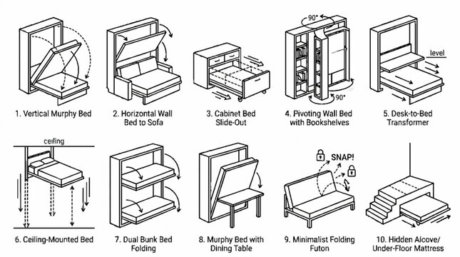 A collection of ten different space saving furniture designs and convertible bed mechanisms.
